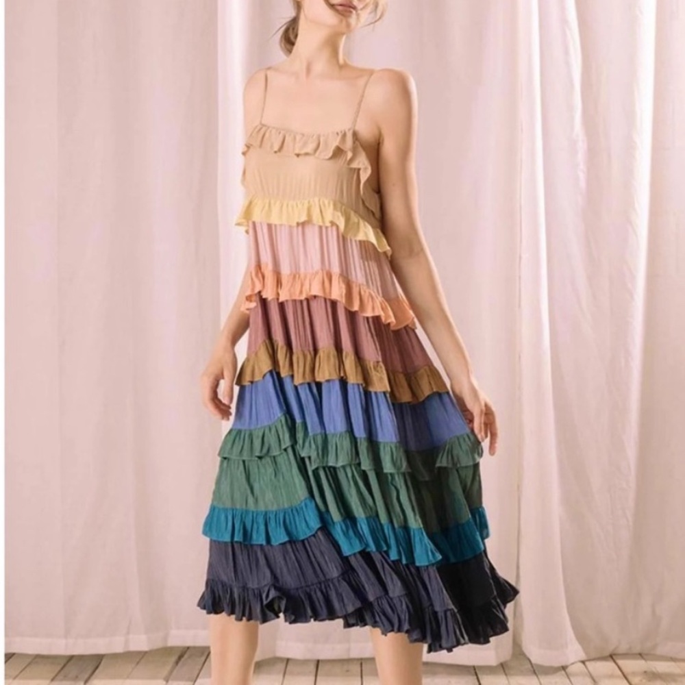 Colorblock Tiered Midi Dress with Ruffle Straps